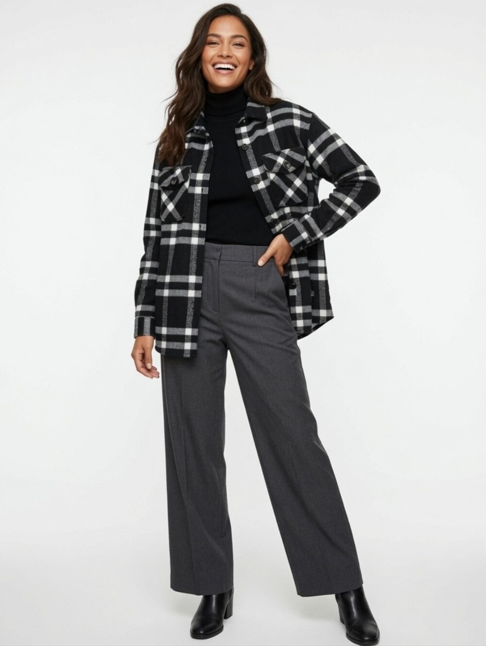 Members Women's Black Plaid Shacket (Size:XS)